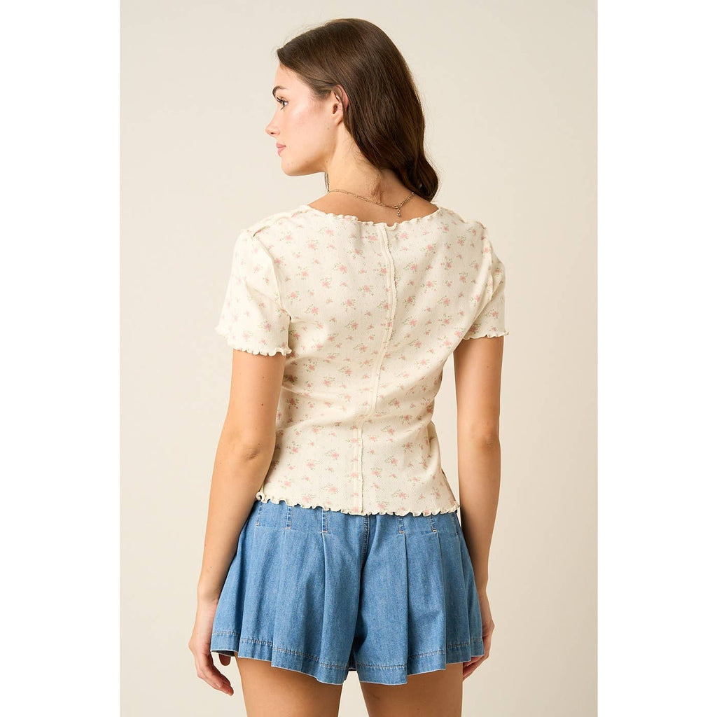 DITSY FLORAL PRINT LETTUCE EDGE SHORT SLEEVE TOP