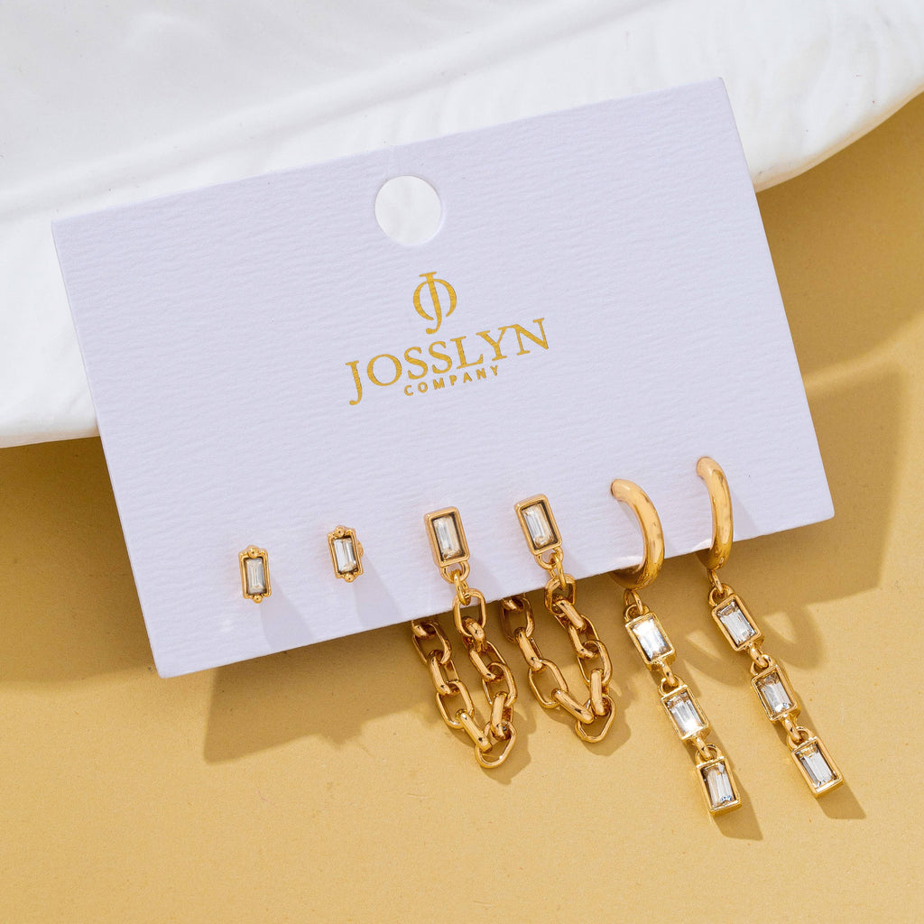 Geometric Baguette Stud & Chain Trio Earring Set | 80E62681
