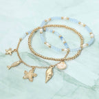 3PCS - Starfish Shell Fish Charm Beaded Stretch Multi Layered Bracelets