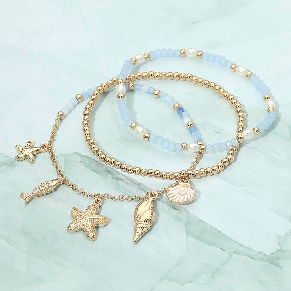 3PCS - Starfish Shell Fish Charm Beaded Stretch Multi Layered Bracelets