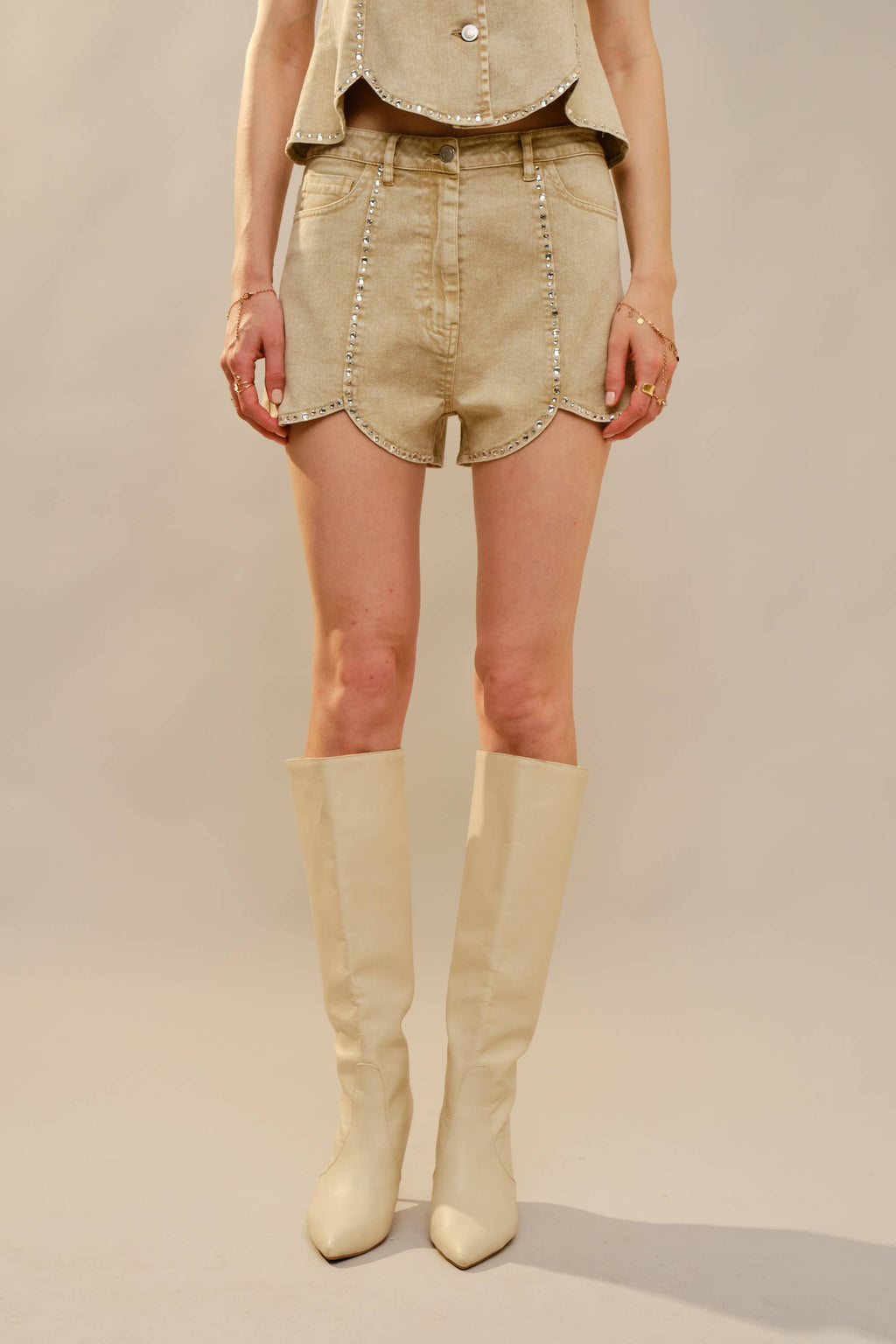 Carly Rhinestone Scallop Denim Shorts