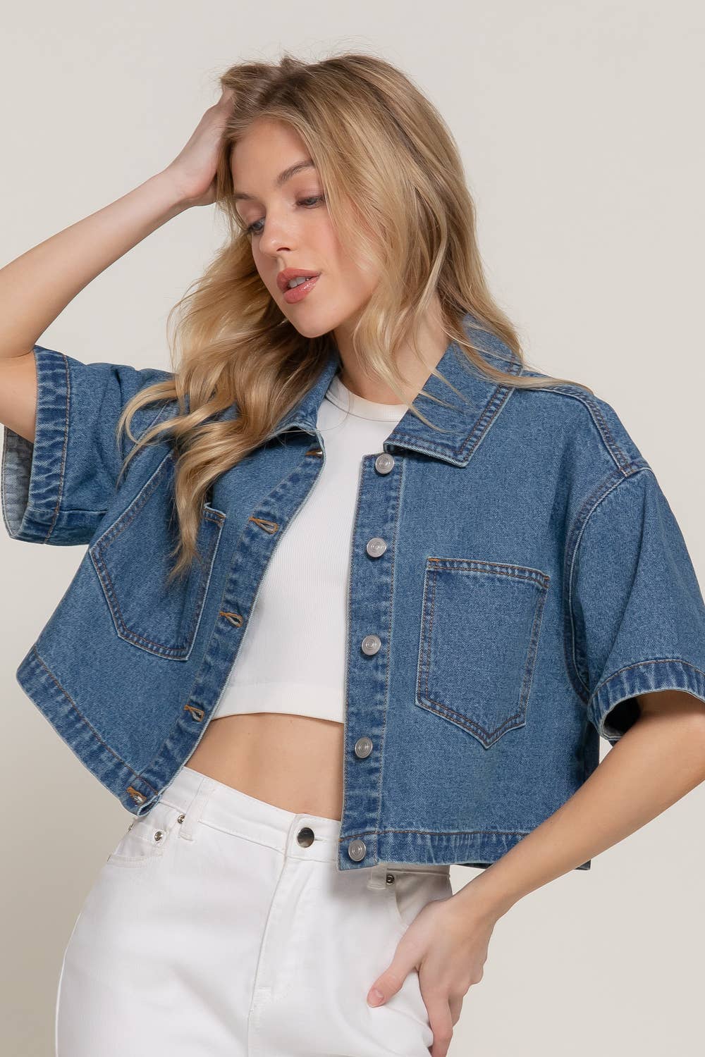 Short Sleeve Boxy Short Denim Jacket