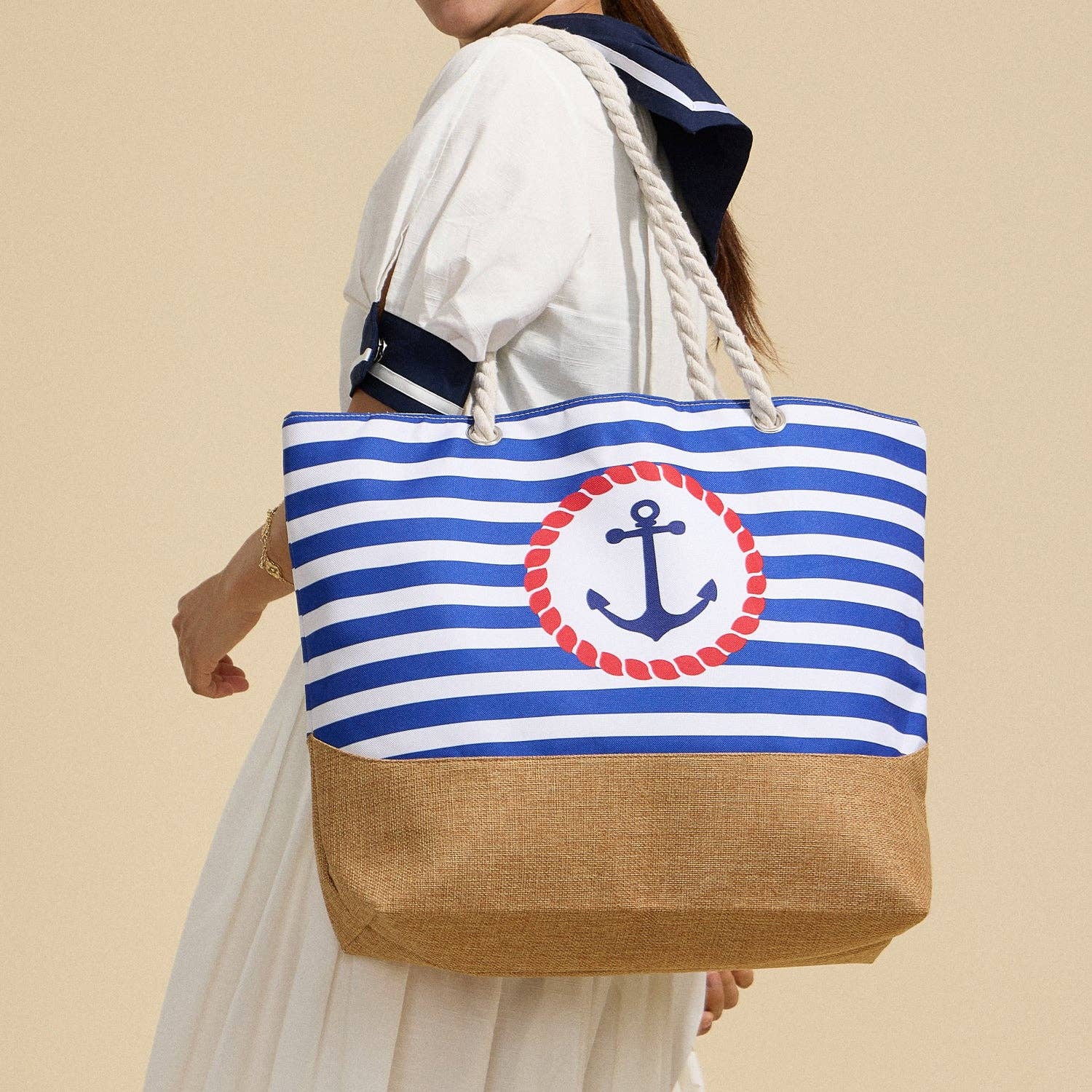 Coastal Chic | Nautical Anchor and Stripe Beach Tote