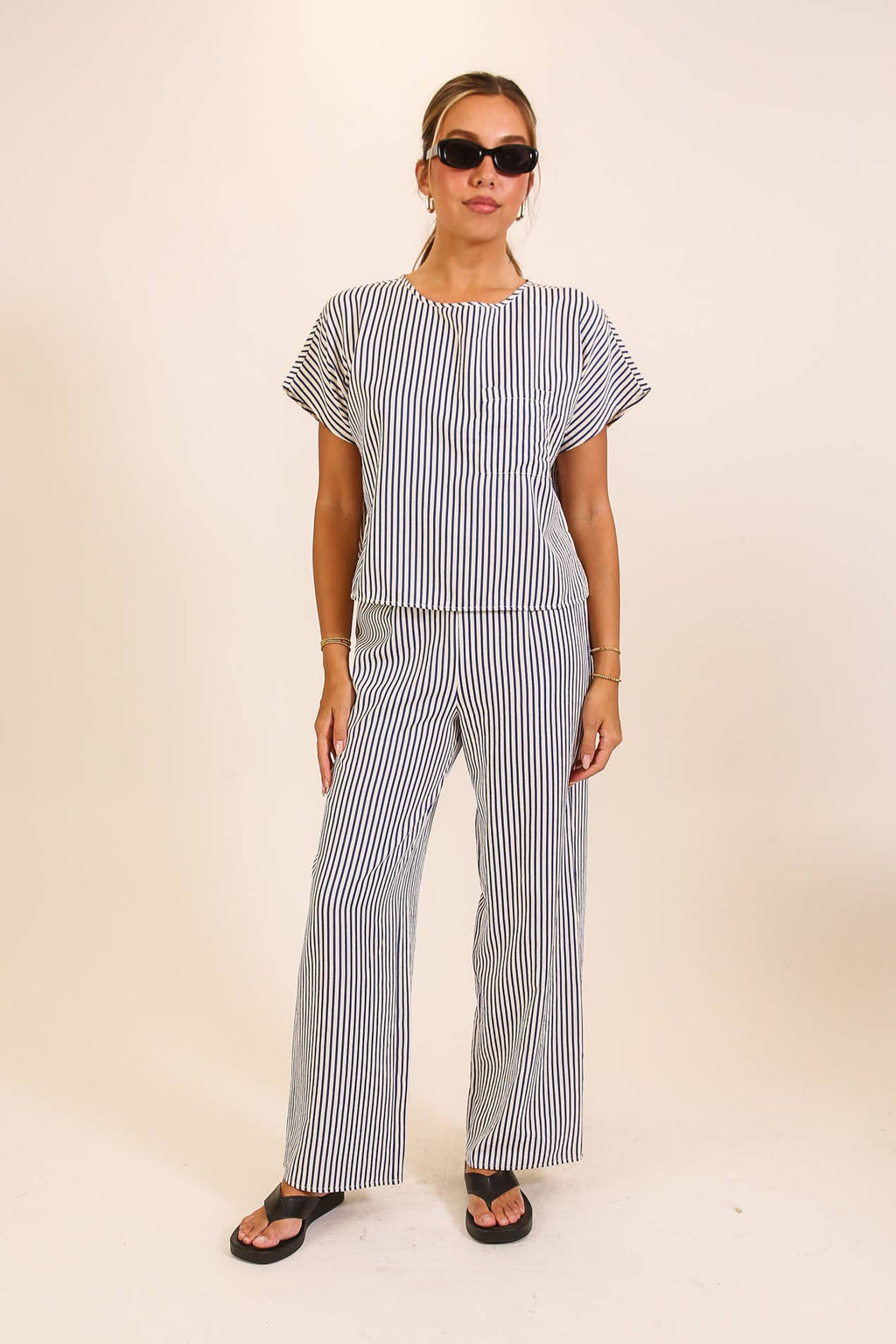 Striped Textured Top & Wide Leg Pant Set