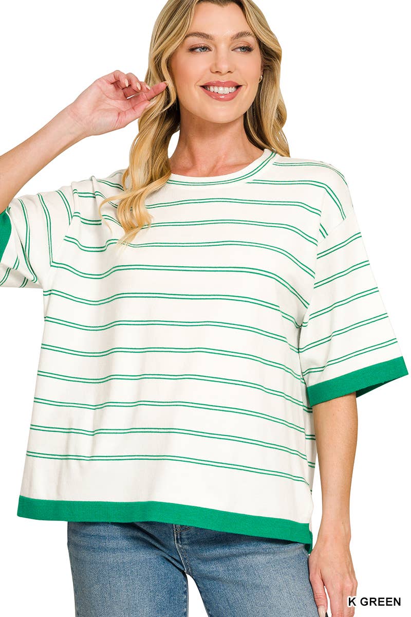 Oversized Viscose Stripe Short Sleeve Sweater