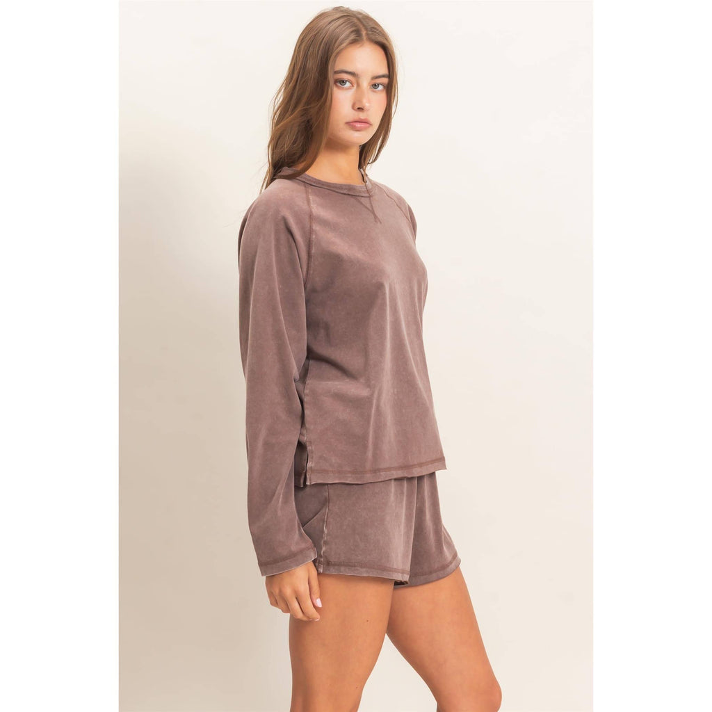 Mineral Wash Long Sleeve Raw Edge Top & Shorts Set