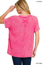 Washed Ribbed Cuffed Short Sleeve Round Neck Top