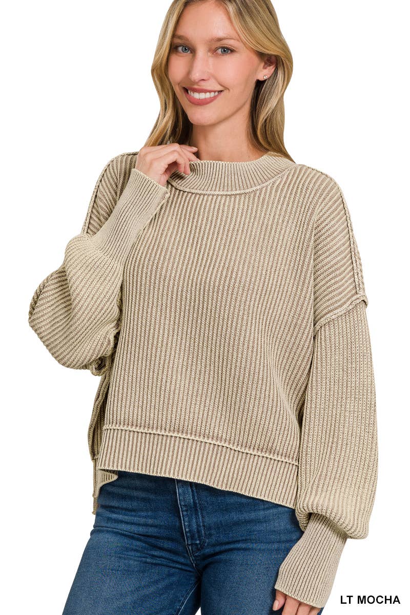 `Washed Side Slit Oversized Cropped Sweater SI-26510 Zenana
