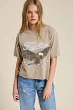 PUFF' Free Bird Graphic Raw Hem Faux Crop Tee