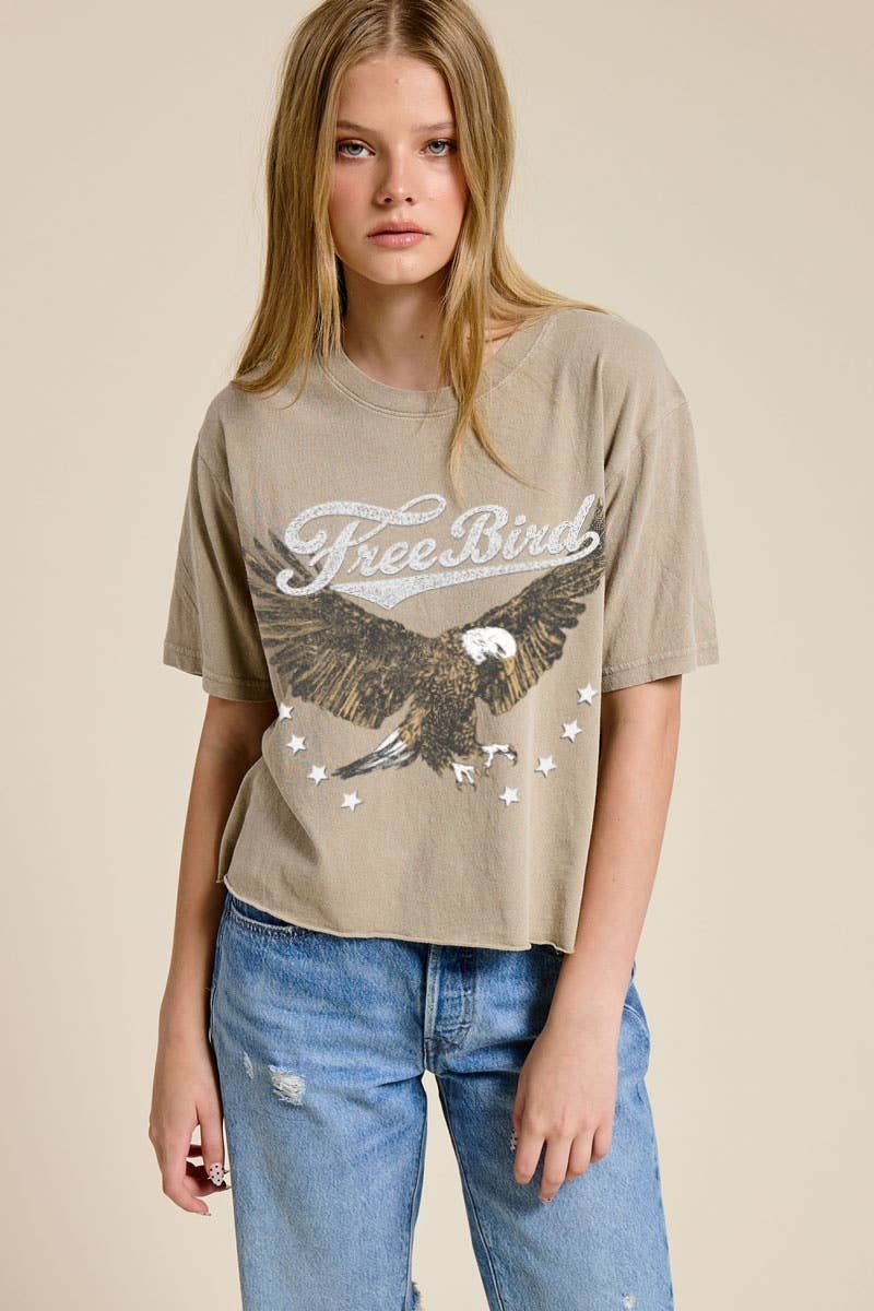 PUFF' Free Bird Graphic Raw Hem Faux Crop Tee