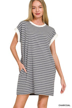 Stripe Cotton Tshirt Dress w/ side pockets SI-29147