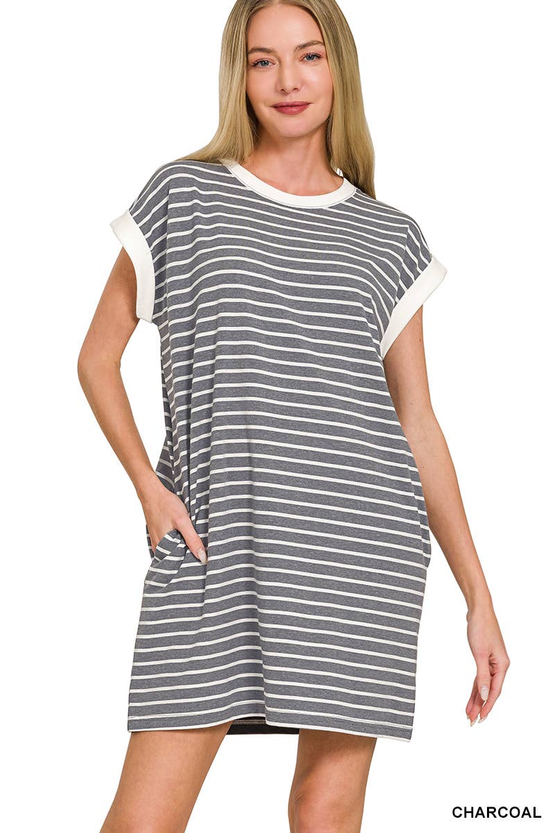 Stripe Cotton Tshirt Dress w/ side pockets SI-29147