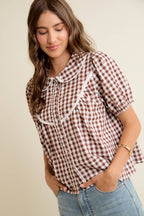 Gingham Check Lace Trimmed Short Blouse