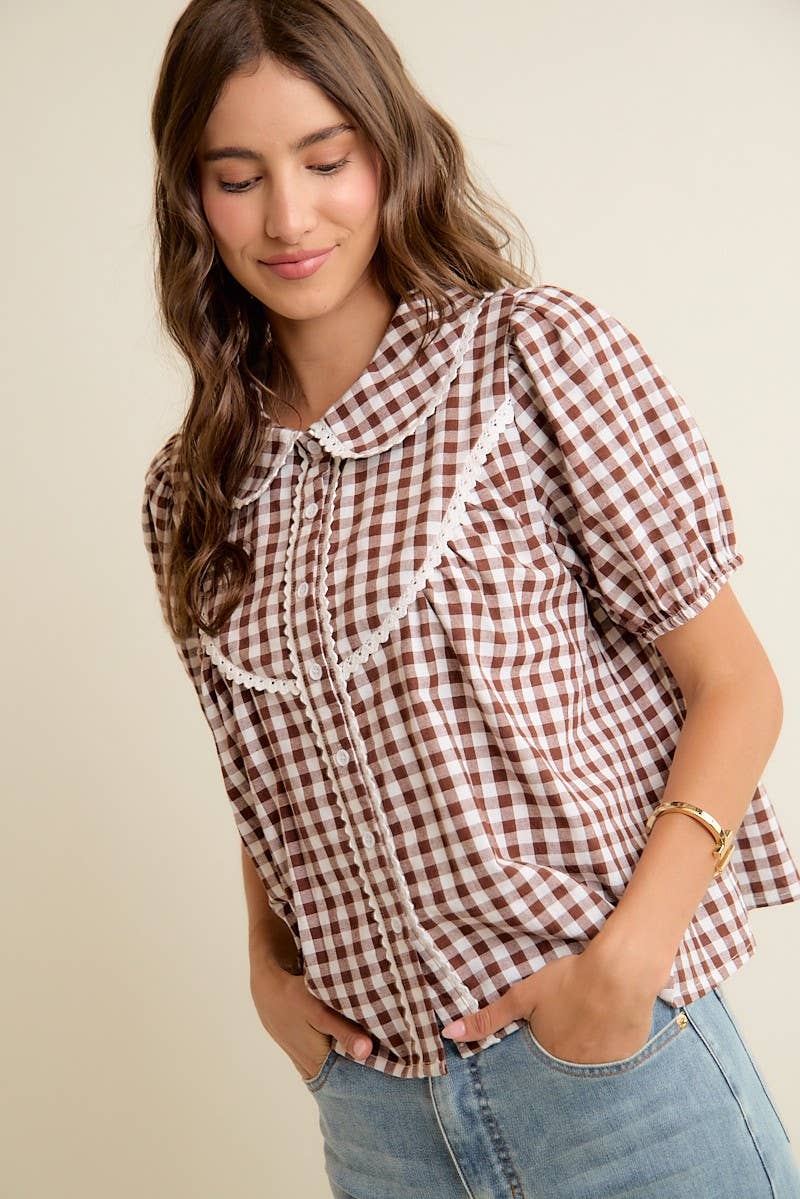 Gingham Check Lace Trimmed Short Blouse