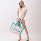 BEACH Letter Embroidery Terry Cloth Frayed Striped Shoulder Tote Bag
