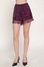Waistband Lace Trim Hem Satin Shorts