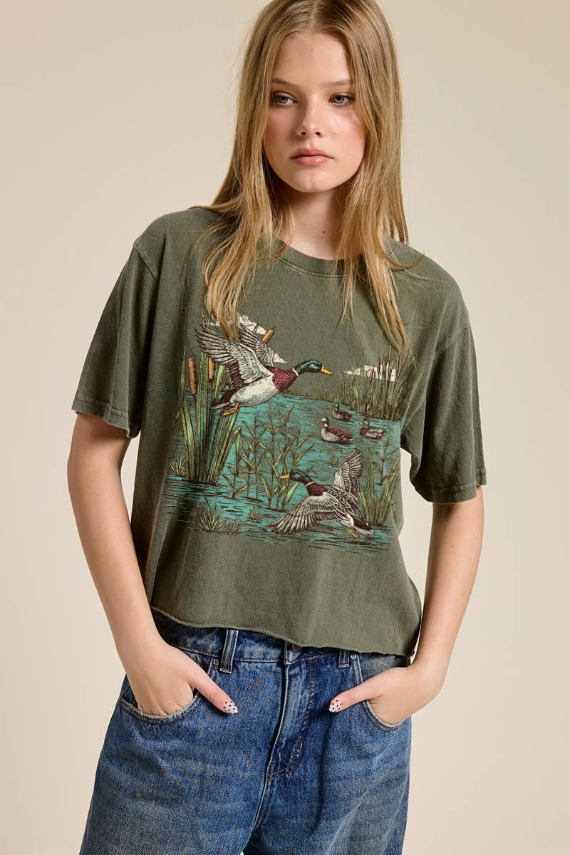 Mallard Ducks Vintage Graphic Raw Hem Faux Crop Tee