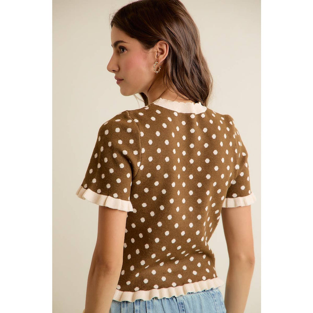 POLKA DOT RUFFLED SHORT SLEEVES SWEATER KNIT TOP