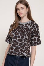Short Sleeve Round Neck Leopard Jacquard Sweater Top