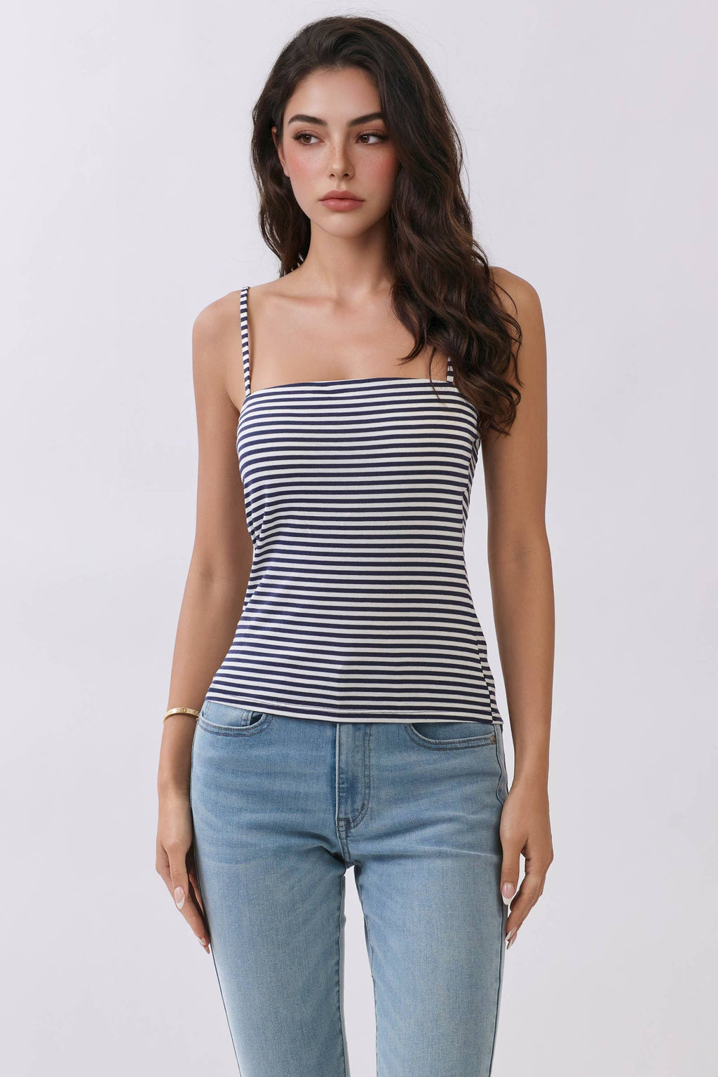 JC56962CS - STRIPED DOUBLE LINED  REMOVABLE BUILT-IN BRA TOP
