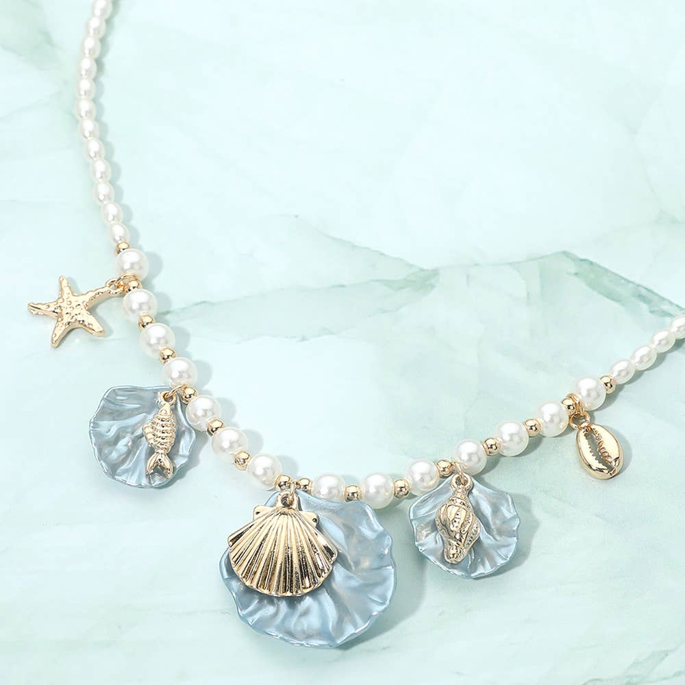 Ocean Inspired Seashell Starfish Charm Station Pearl Beaded Necklace