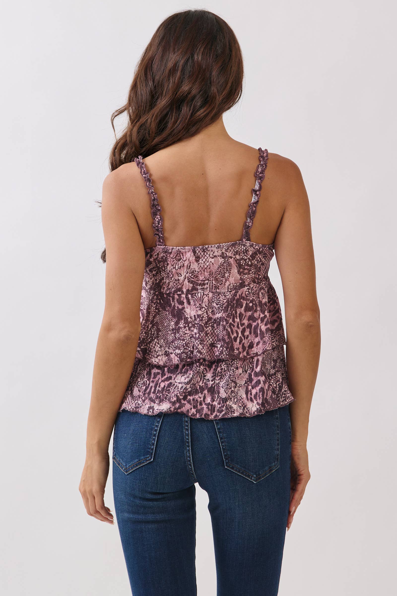 LC57254P - PRINT RUFFLE FRONT BOW TIE FRILL CAMI TOP