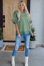 PRETTY BASH Colorblock 3/4 Sleeve Raw Seam High-Low Top