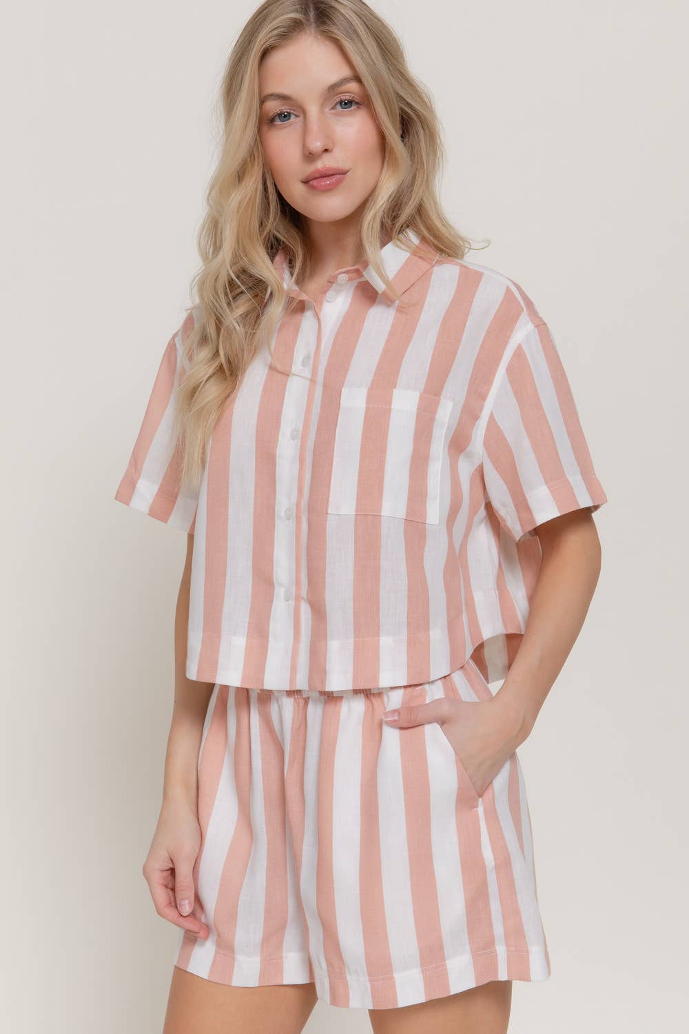 Short Sleeve Shirt & Wide Stripe Linen Effect Shorts Set