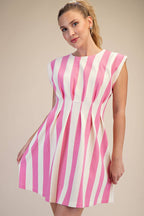 Round Neck Waist Pleated Mini Dress