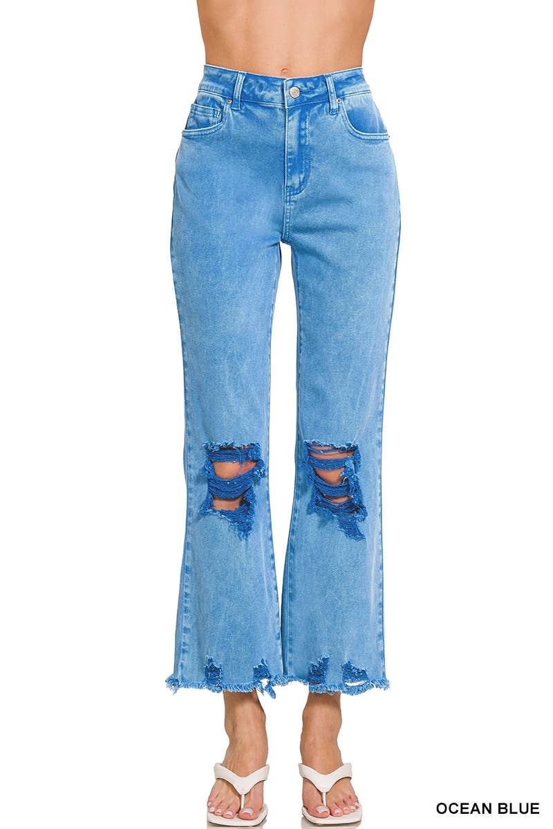 `Acid Wash High Waist Distressed Straight Leg Pants