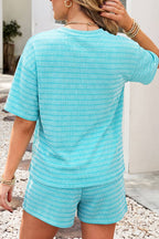 LDC Stripe Rib Loose Drawstring Elastic Waist 2pcs Short Set