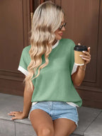 Contrast Trim Ribbed Short Sleeve Knit Top for Women