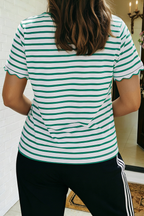 Stripe Scalloped Trim Round Neck Shirt