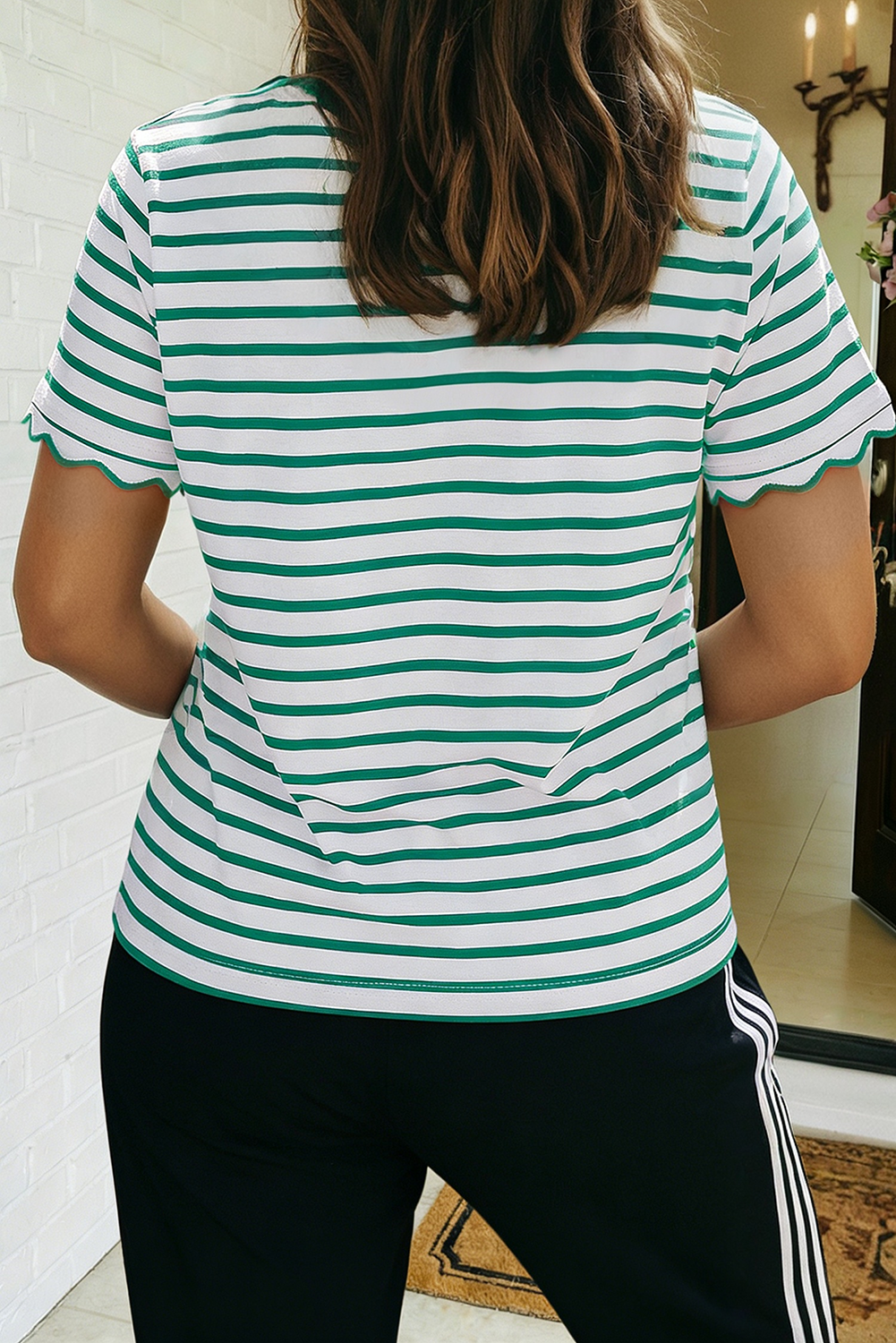 Stripe Scalloped Trim Round Neck Shirt