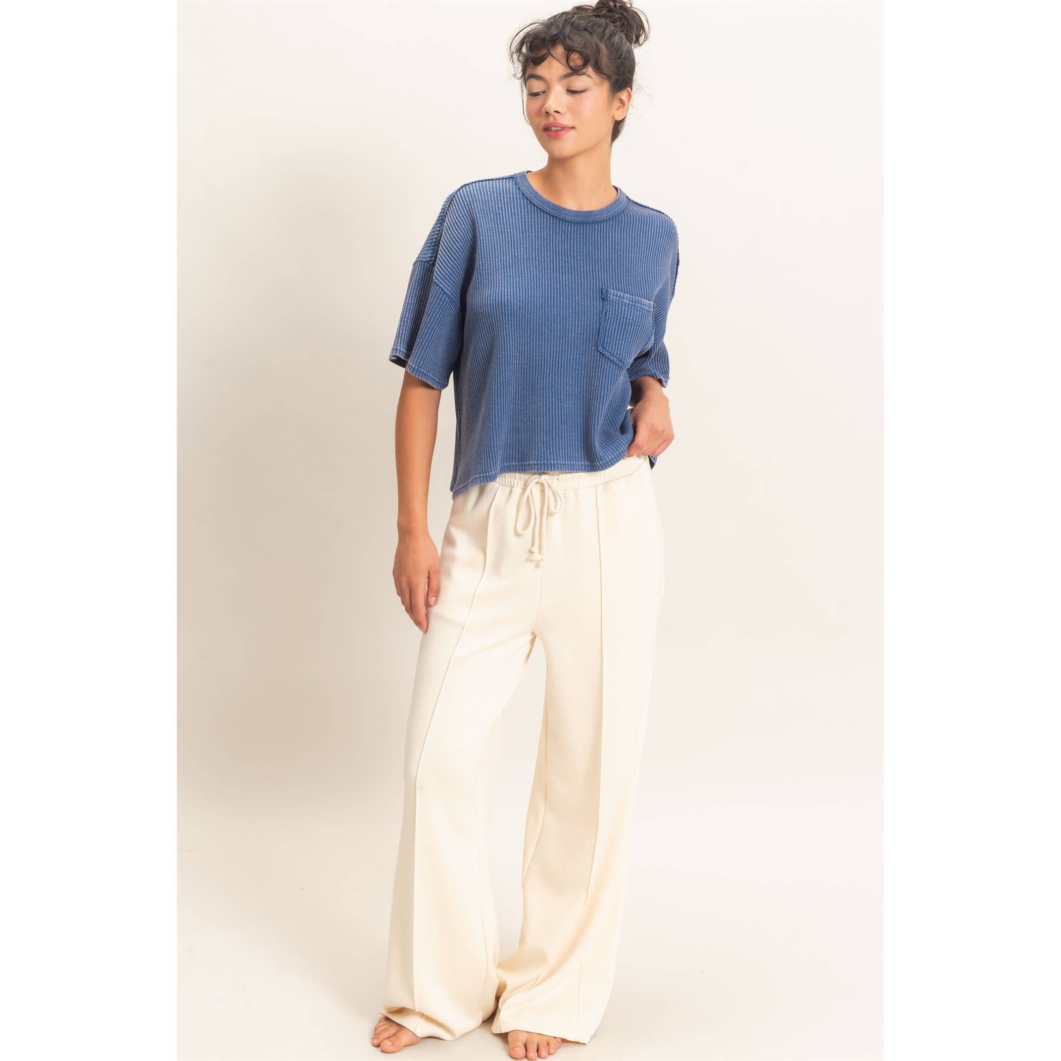 Mineral Wash Waffle Knit Pocket Top