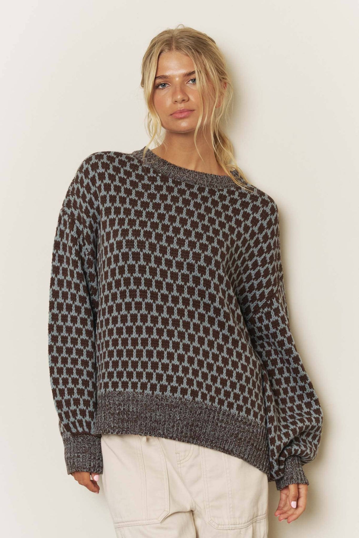 MARLED TRIM GEOMETRIC PATTERN RELAXED SWEATER