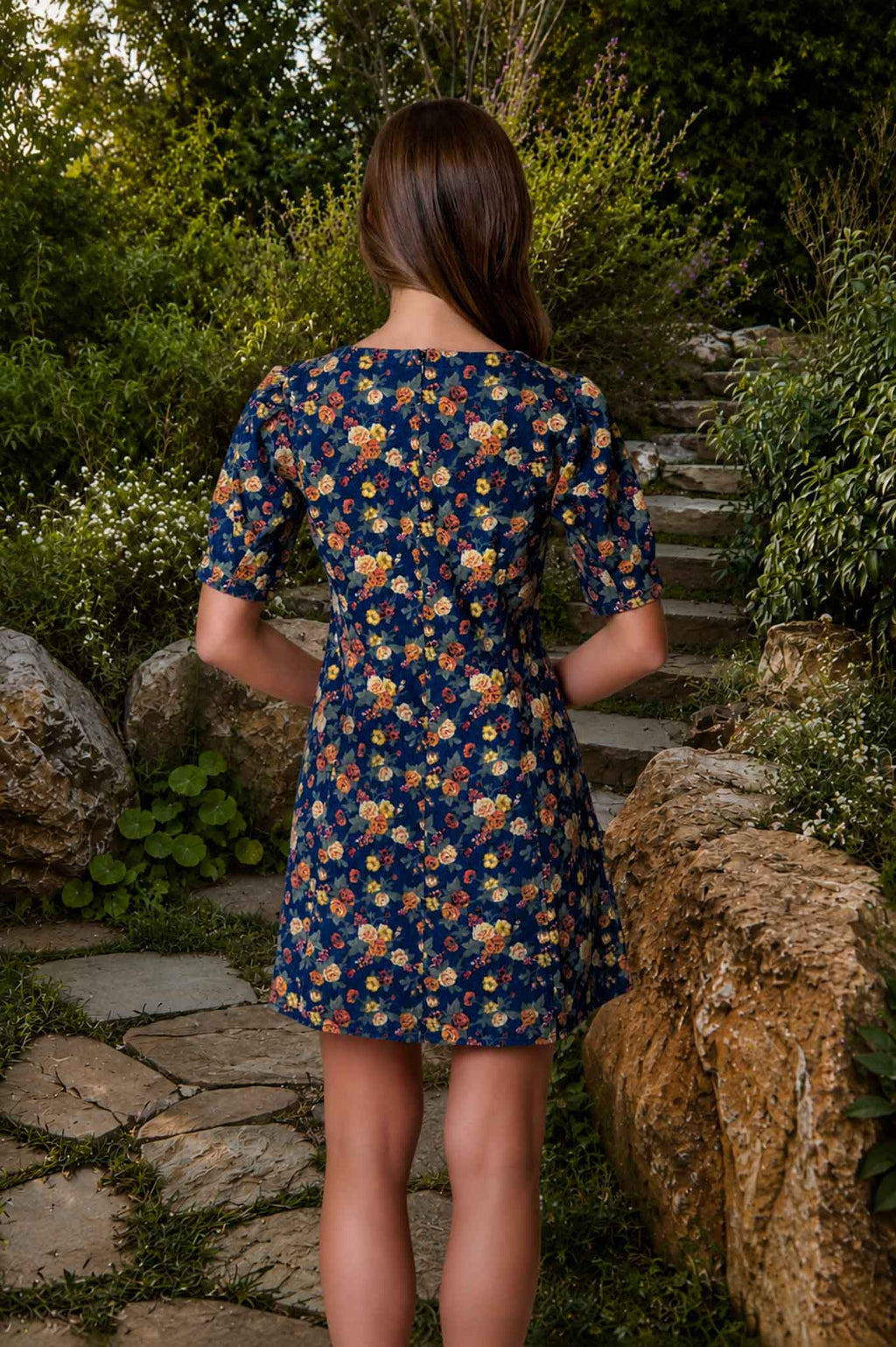 FLORAL PUFF SLEEVE SEAM DETAIL DENIM MINI DRESS