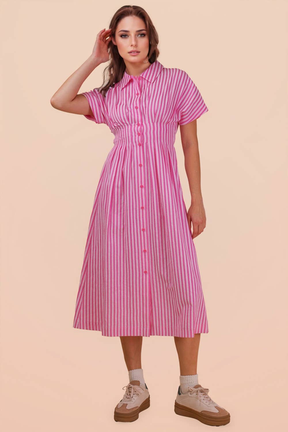 ND32074-Stripe Waist Pleated Midi Shirt Dress