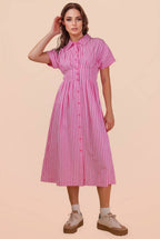 ND32074-Stripe Waist Pleated Midi Shirt Dress