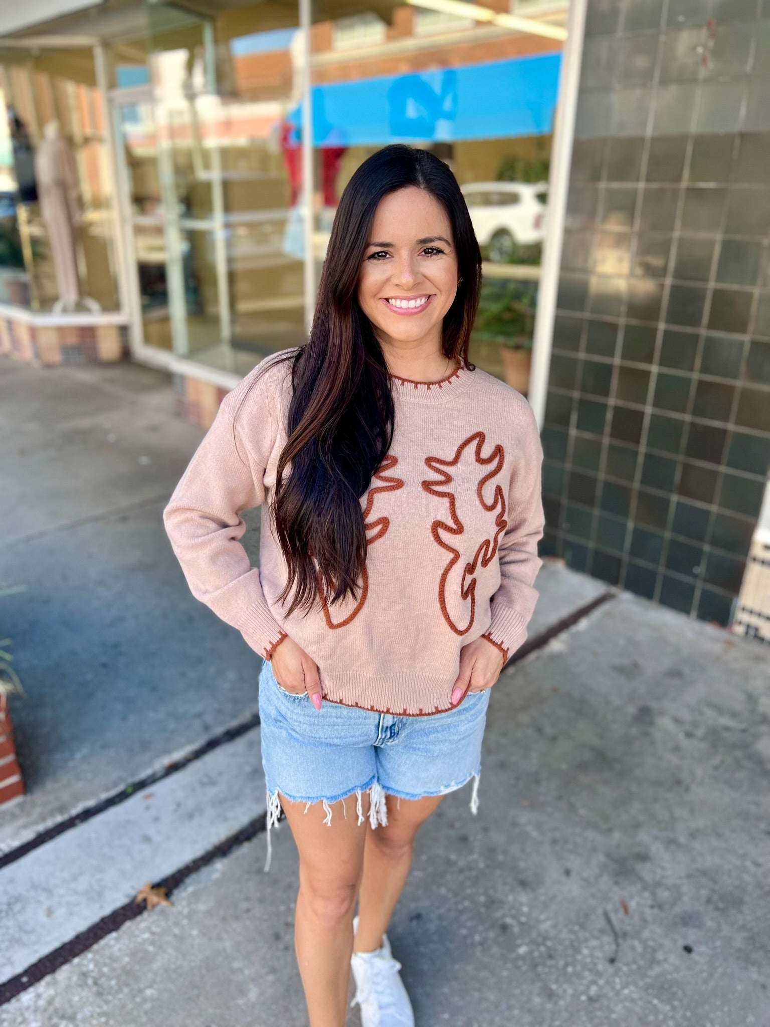 Beige Knit Sweater Camel Bootstitched Contrast Stitching