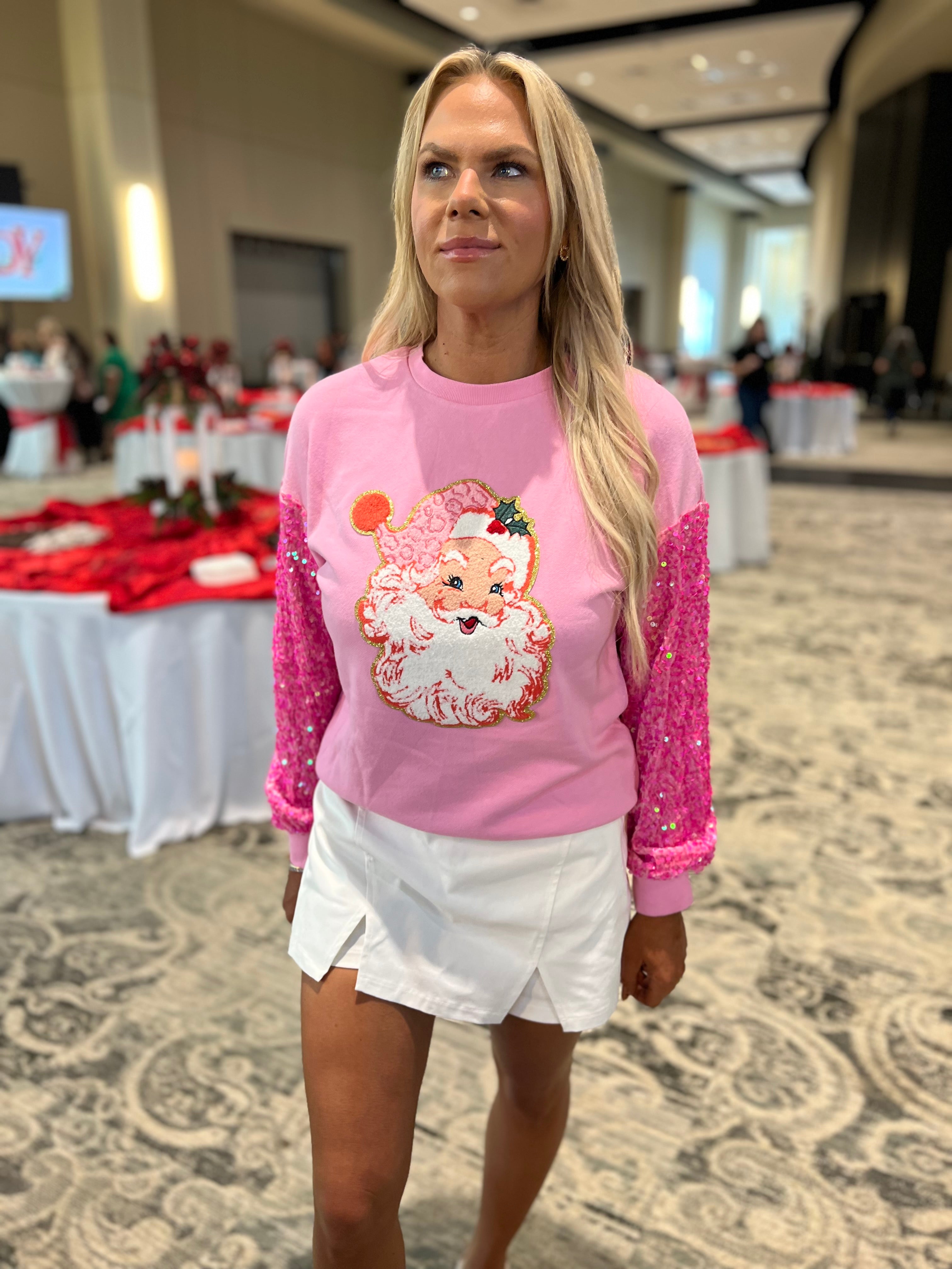 Santa Patch Hot Pink Sequin Sleeve Pullover