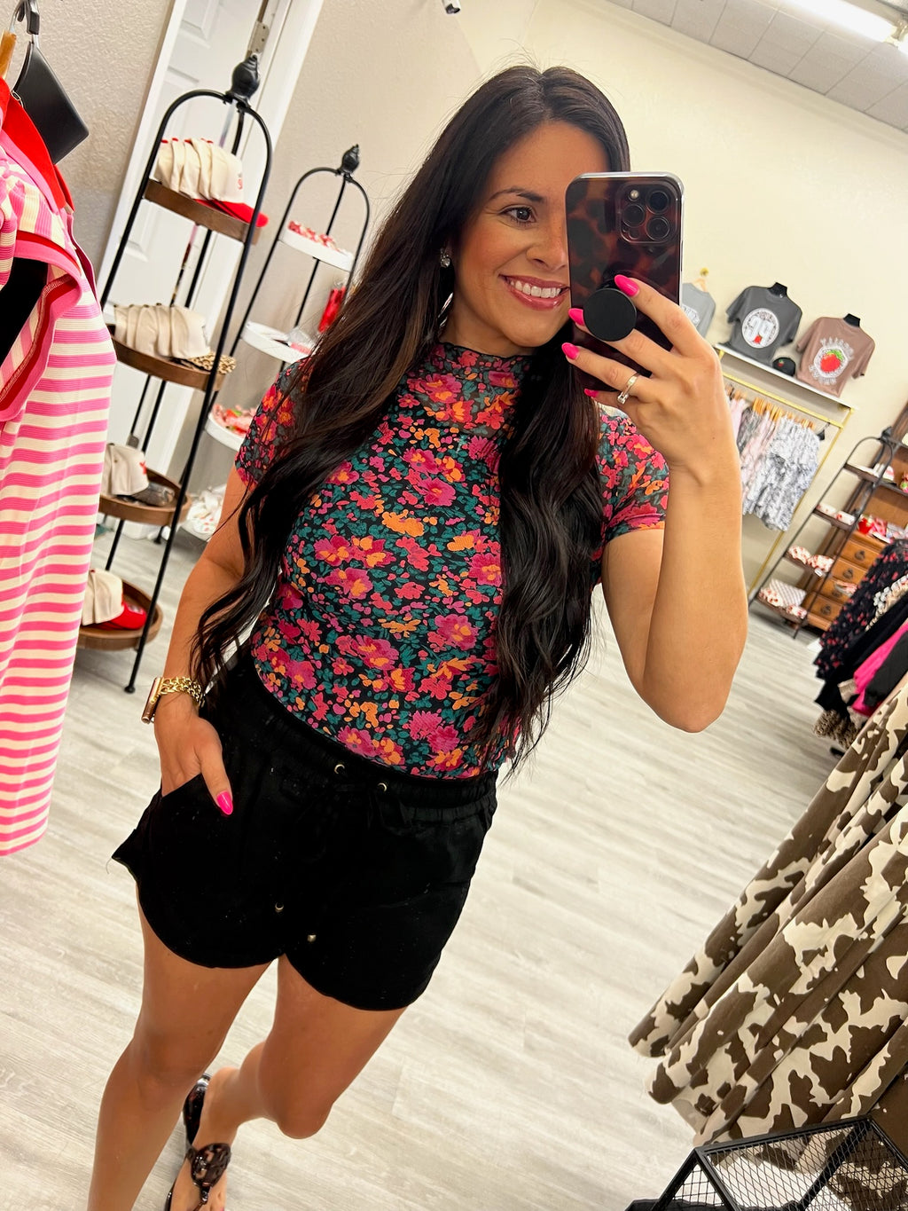 Retro Floral Printed Mesh Western Top