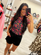 Retro Floral Printed Mesh Western Top