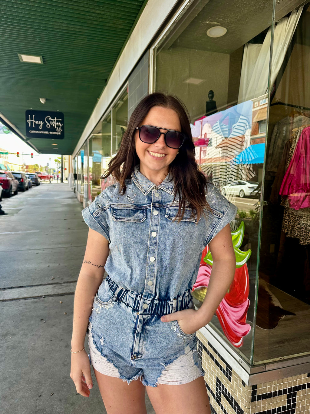 Larkin Rhinestone Denim Romper