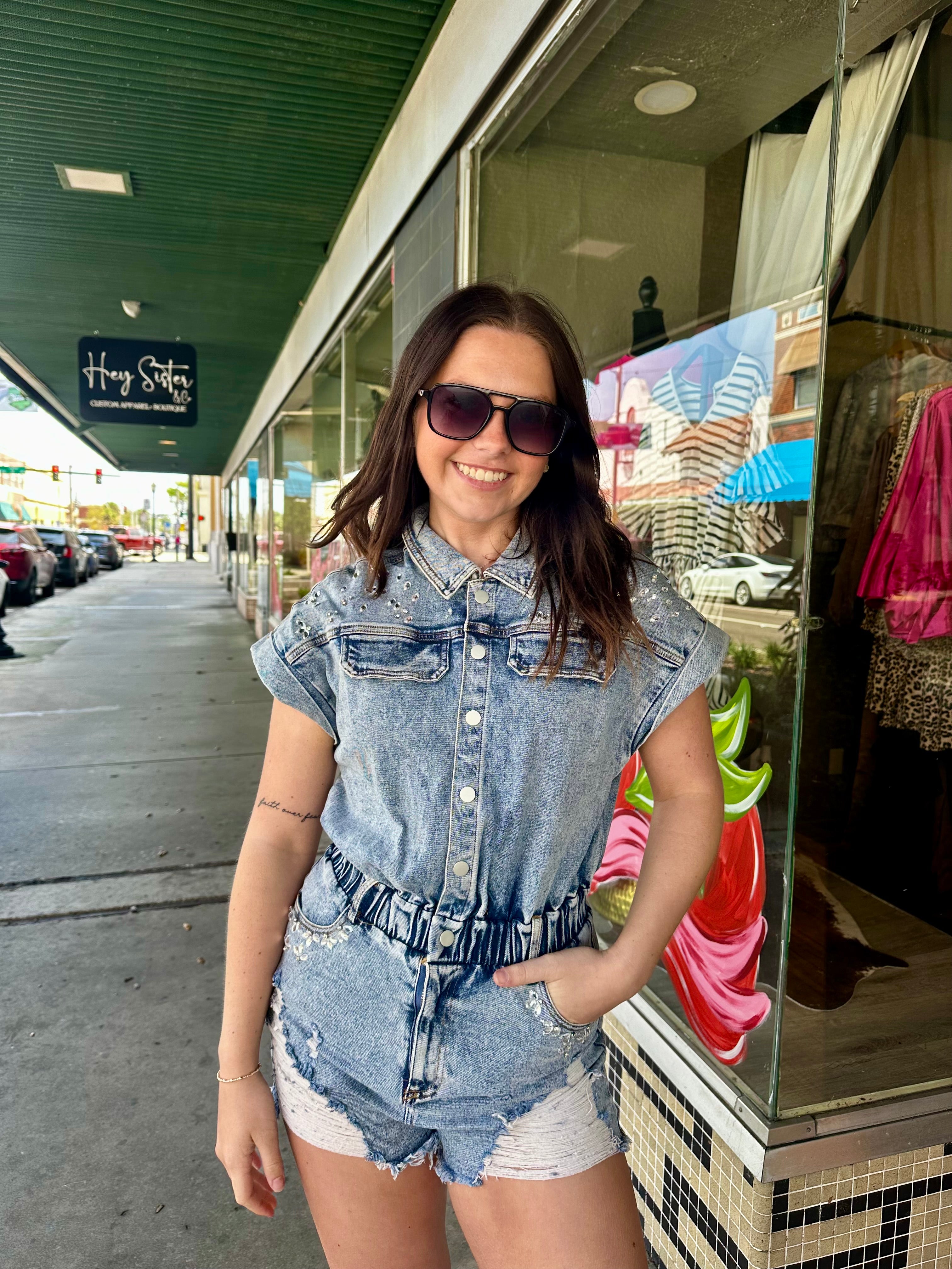 Larkin Rhinestone Denim Romper