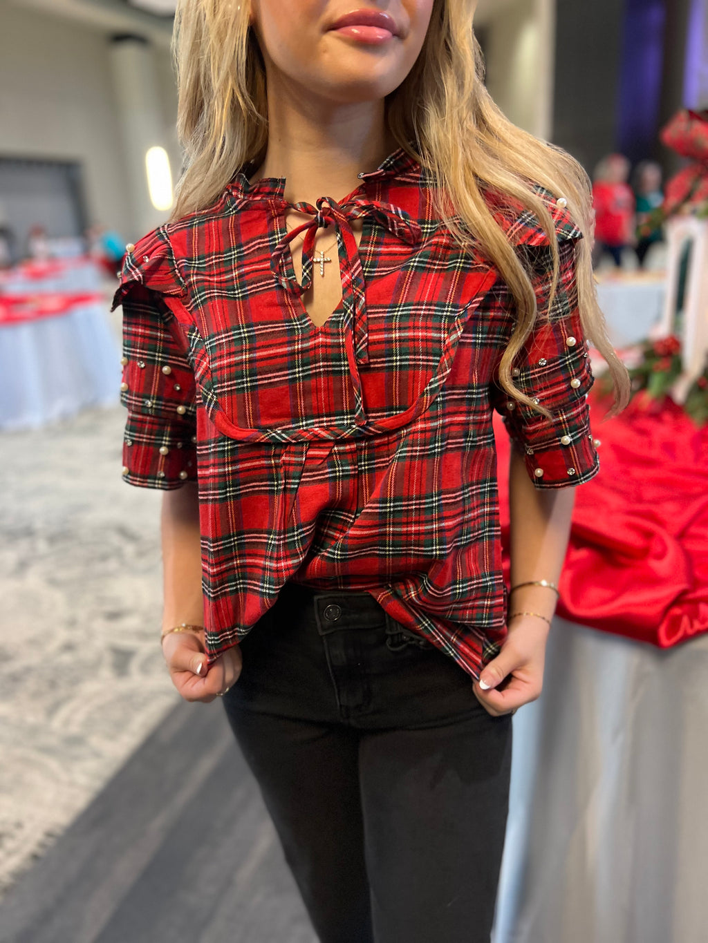 Christmas Plaid Pearl + Rhinestone Blouse