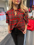 Christmas Plaid Pearl + Rhinestone Blouse