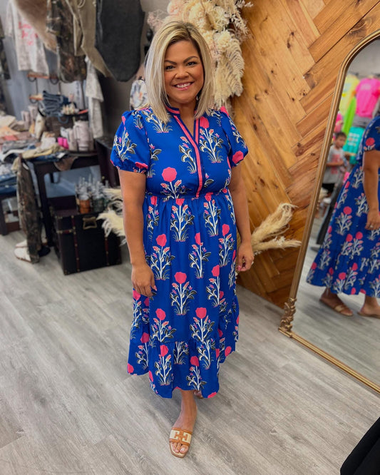 BLUE AND WHITE PUFF SLEEVE DRESS