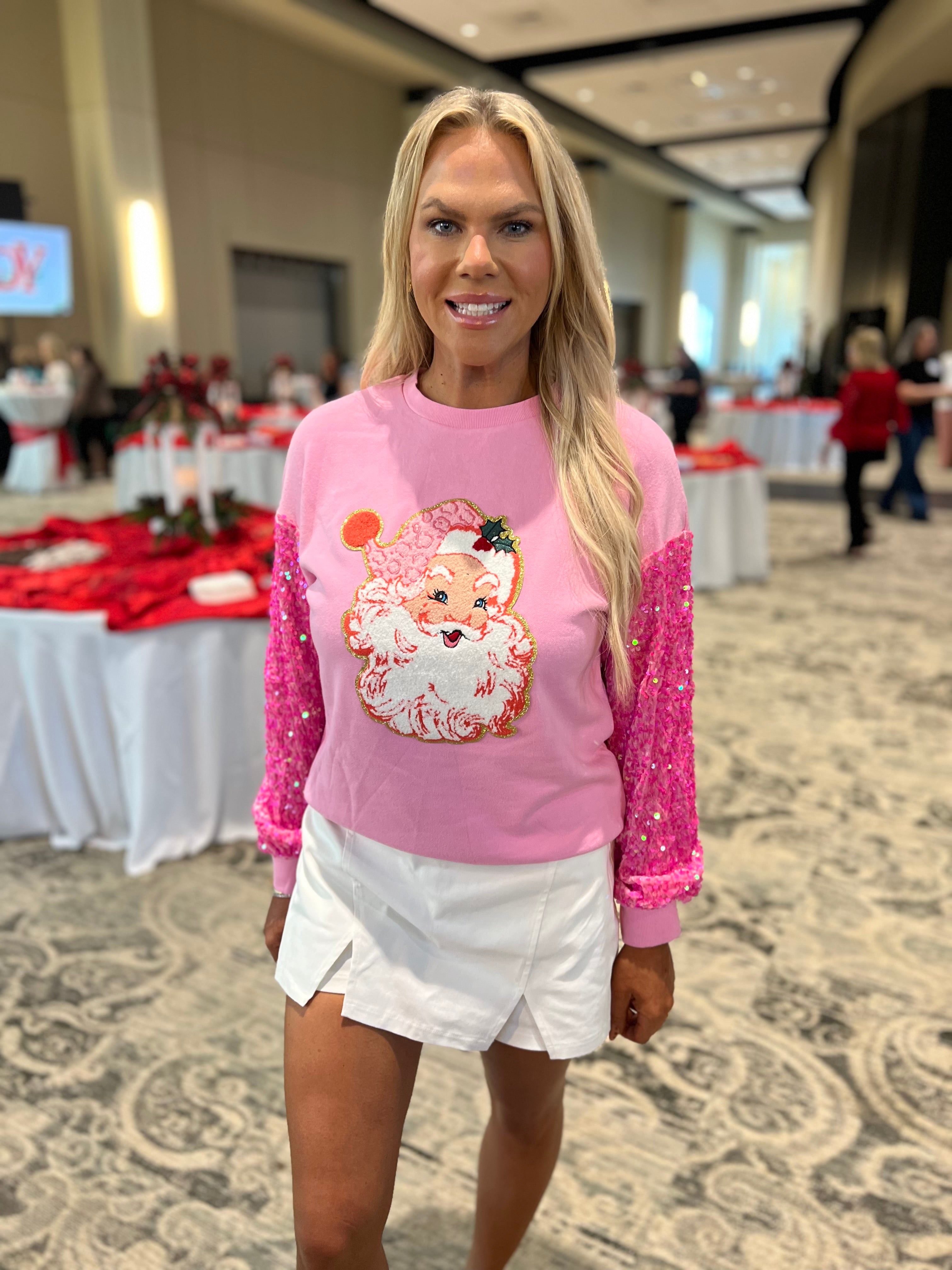 Santa Patch Hot Pink Sequin Sleeve Pullover