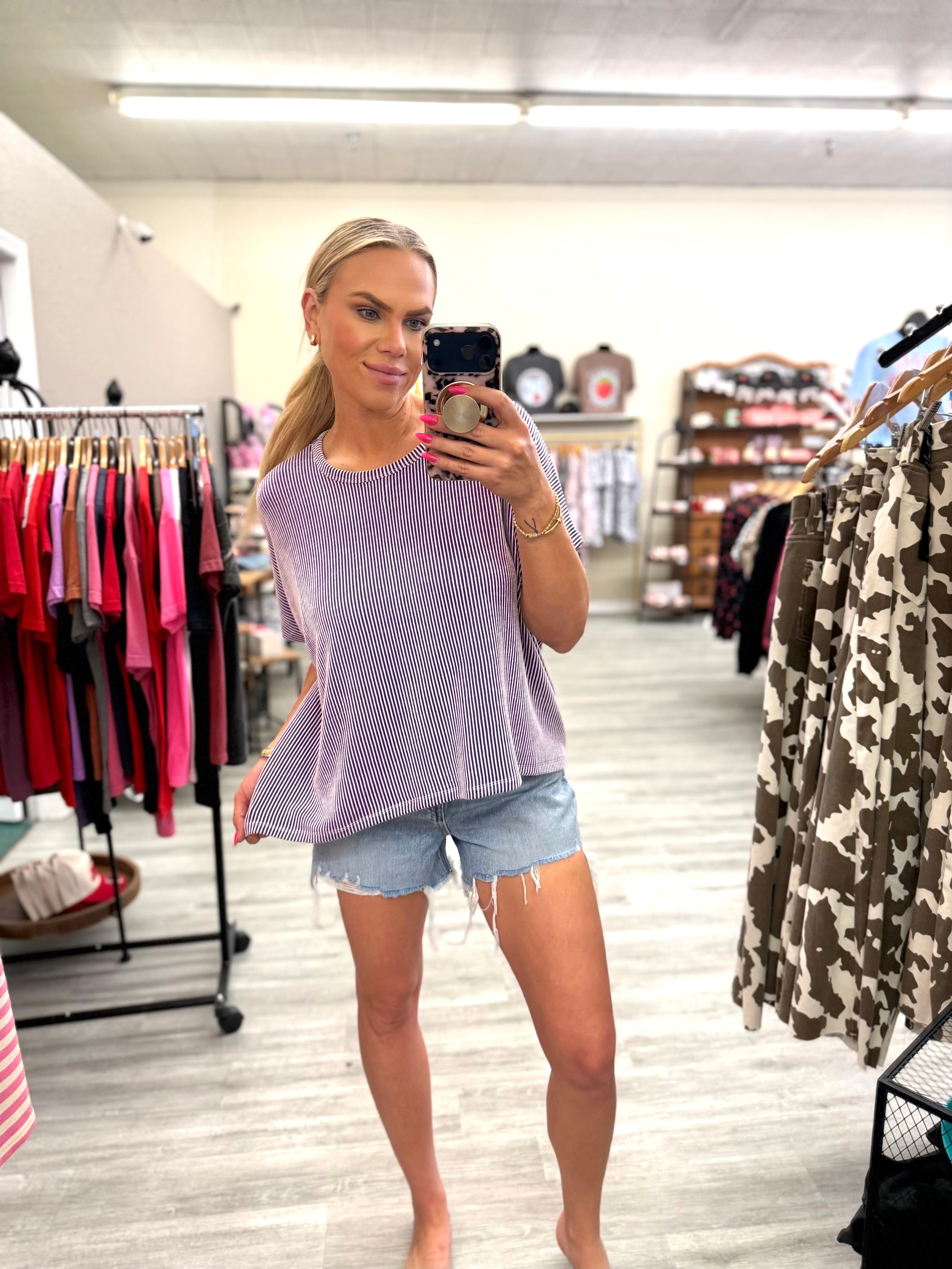 Ribbed Striped Oversized Short Sleeve Top